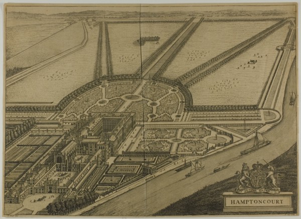 Hampton Court, plate six from Britannia Illustrata, published 1707. Creator: Johannes Kip.