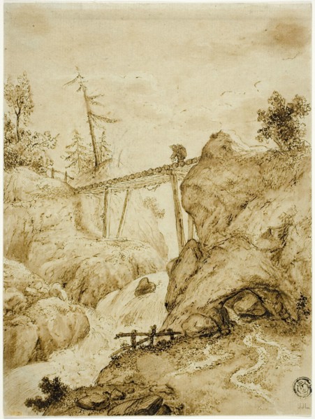 Man Crossing Log Bridge over Torrent, n.d. Creator: Jan van Eyck.
