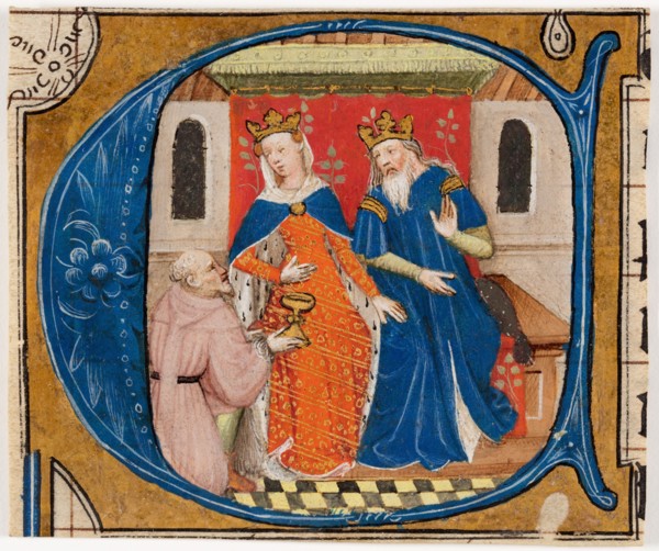 Nehemiah before King Artaxerxes, initial ‘C’ from a Bible, about 1430. Creator: Masters of Zweder van Culemborg.