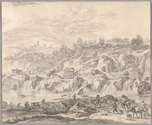 Landscape with Waterfalls and Bridges, Peasants in the Foreground, c.1670. Creator: Nicolaes Berchem.