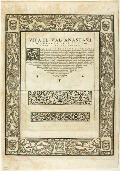 Decorative Border (recto) and Portrait of Emporer Anastasius (verso), plate nine...1937. Creators: Hans Rudolf Manuel Deutsch, Max Geisberg, Peter Flotner.