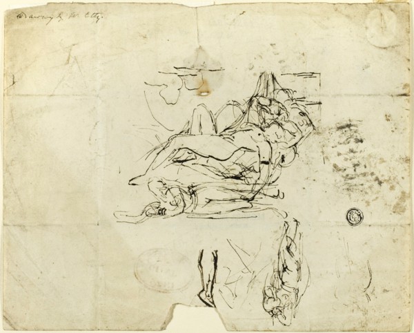 Sketches of Reclining Female Nude and Amorous Couple, n.d. Creator: William Etty.