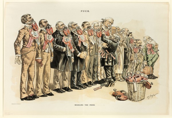 Muzzling the Press, from Puck, published May, 1889. Creator: Charles Jay Taylor.