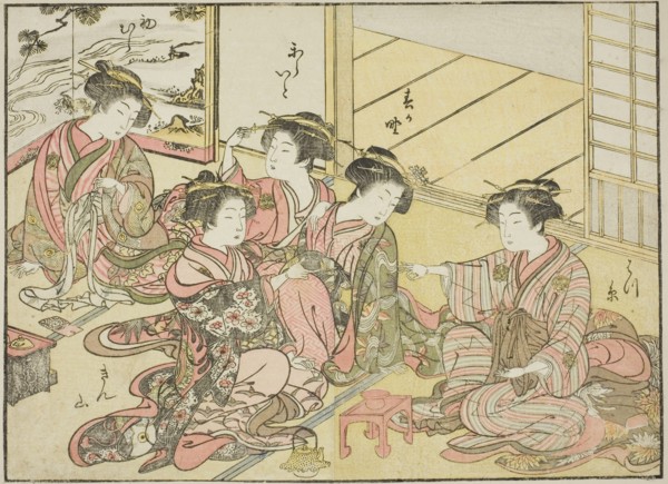 Courtesans of the Gakuiseya, from the book "Mirror of Beautiful Women of the Pleasure..., 1776. Creator: Shunsho.