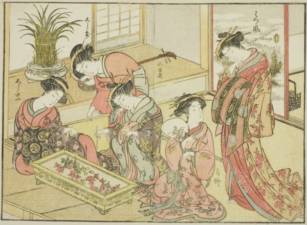 Courtesans of the Wakanaya, from the book "Mirror of Beautiful Women of the Pleasure..., 1776. Creator: Shunsho.