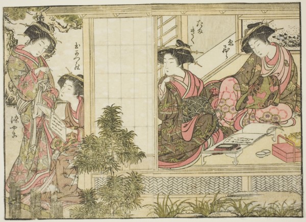 Courtesans of Oebuji, from the book "Mirror of Beautiful Women of the Pleasure Quarters..., 1776. Creator: Shunsho.