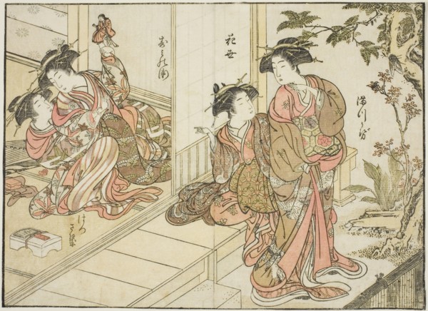 Courtesans of Maruebiya, from the book "Mirror of Beautiful Women of the Pleasure Quarters..., 1776. Creator: Shunsho.