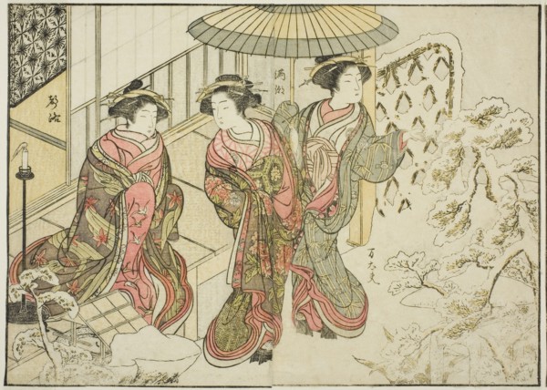 Courtesans of the Nakaomiya, from the book "Mirror of Beautiful Women of the Pleasure..., 1776. Creator: Shunsho.
