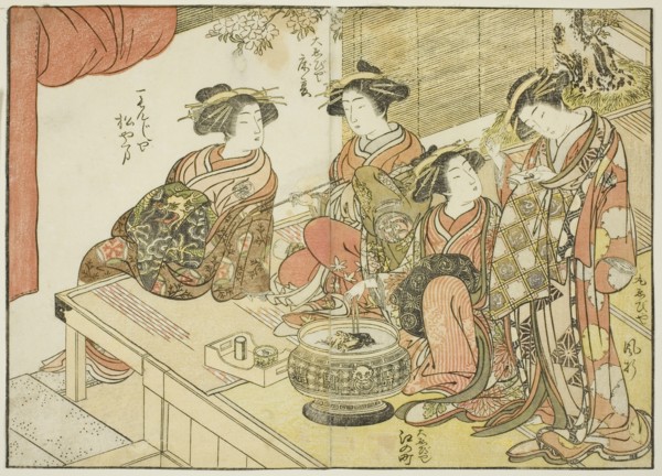 Four courtesans of various houses, from the book "Mirror of Beautiful Women of the Pleasure..., 1776 Creator: Shunsho.