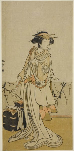 The Actor Segawa Yujiro I as Osai, a Female Hairdresser, in the Play Kamuri Kotoba Soga..., c. 1776. Creator: Shunsho.
