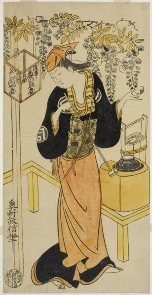 The Actor Sanogawa Mangiku I as Ohatsu in the play "Sogazaki Shinju," performed at the..., 1719. Creator: Okumura Masanobu.