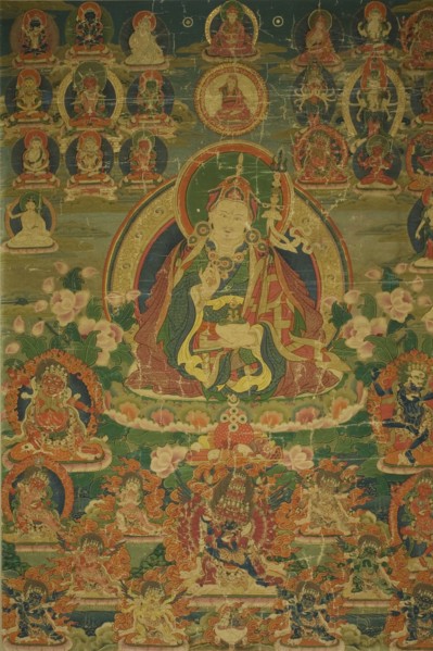 Painted Banner (Thangka) of Sage Guru Padmasambhava Seated Holding a..., 18th century. Creator: Unknown.