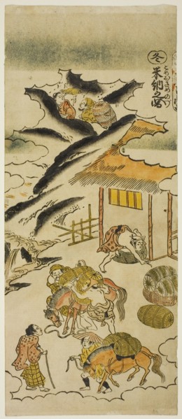 Winter: Storing Rice (Fuyu: kome osame no zu), No. 4 from the series "The Four Seasons..., c. 1730s. Creator: Torii Kiyomasu.