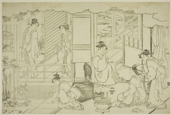 The First Bath of the New Year (Yudono hajime), from the illustrated book "Colors of the..., c.1787. Creator: Torii Kiyonaga.