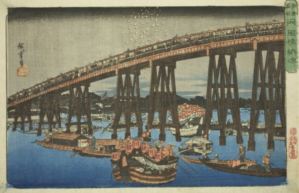 Cooling off at Ryogoku Bridge (Ryogokubashi noryo), from the series "Famous...", c. 1839/42. Creator: Ando Hiroshige.