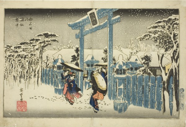 The Gion Shrine in Snow (Gionsha setchu), from the series "Famous Places in Kyoto...", c. 1834. Creator: Ando Hiroshige.