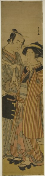 The Actors Segawa Kikunojo III as Okoma (right), and Arashi Sangoro III as the Hairdres..., c. 1776. Creator: Shunsho.
