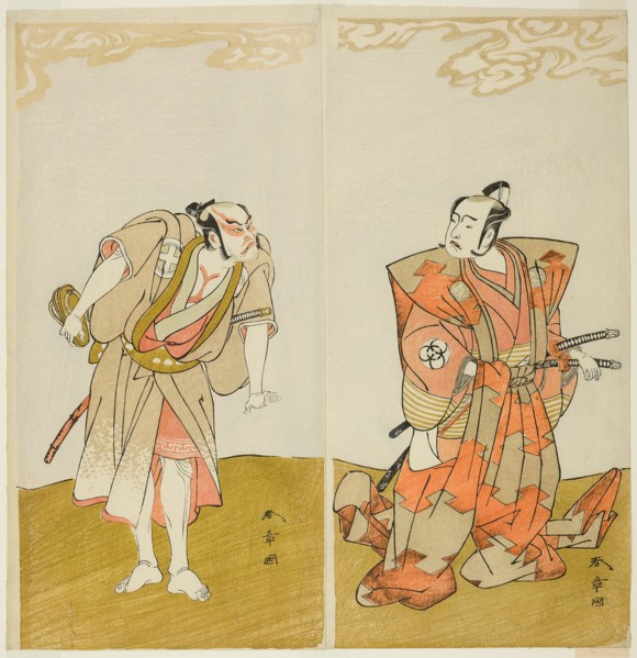 The Actors Bando Mitsugoro I as Hata no Kawakatsu (right), and Otani Hiroemon III as..., c. 1773. Creator: Shunsho.