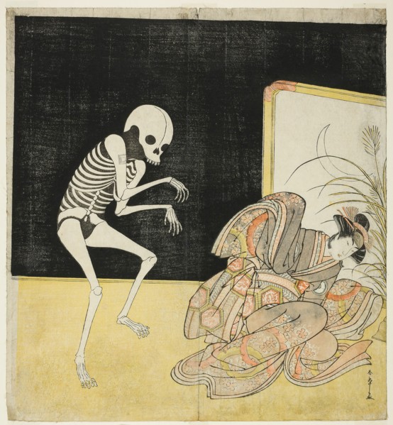 The actors Ichikawa Danjuro V as a skeleton, spirit of the renegade monk Seigen (left), an..., 1783. Creator: Shunsho.