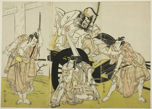 The Actors Nakajima Mihoemon II as Fujiwara no Shihei, Minister of the Left (center, in..., c. 1776. Creator: Shunsho.