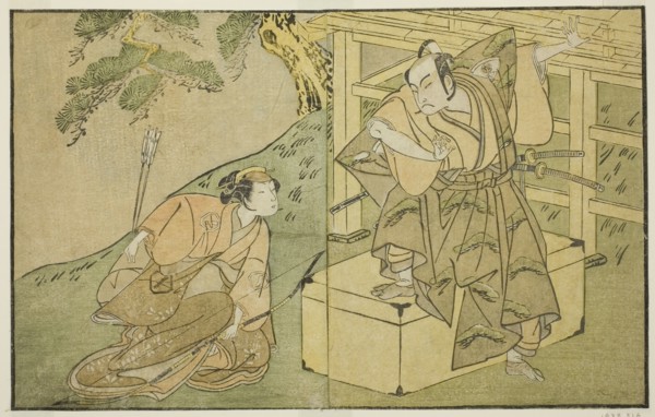 The Actors Onoe Matsusuke I as Akaboshi Taro (right), and Azuma Tozo II as Shirotae..., c. 1772. Creator: Shunsho.