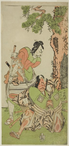The Actors Ichikawa Danzo III as I no Hayata Tadazumi (right), and Matsumoto Koshiro II..., c. 1770. Creator: Shunsho.