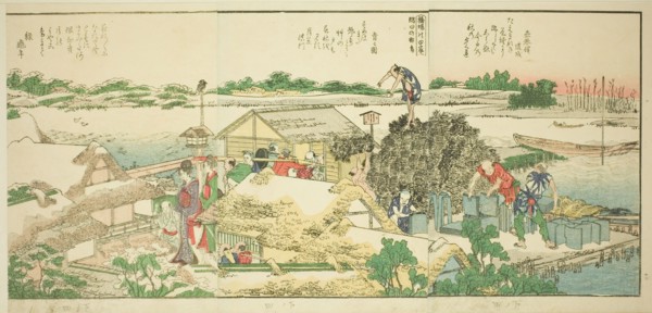 Pages from the illustrated book "Panoramic Views along the Banks of the Sumida...,1801,1804, or 806. Creator: Hokusai.
