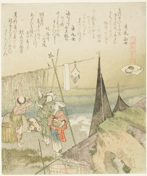 Hanging Abalone Out to Dry, illustration for Abalone (Awabi), from the series "A Matching ..., 1821. Creator: Hokusai.
