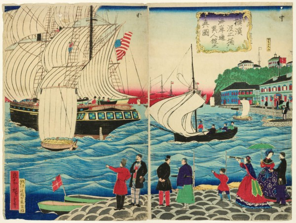 True View of the Foreign Buildings along the Waterfront Seen from the Yokohama Wharves..., c. 1875. Creator: Utagawa Hiroshige II.