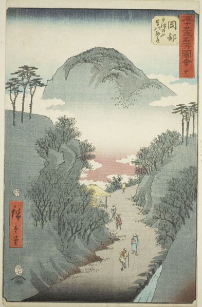Okabe: Narrow Ivy-covered Road at Mount Utsu (Okabe, Utsu no yama tsuta no hosomichi), no...., 1855. Creator: Ando Hiroshige.