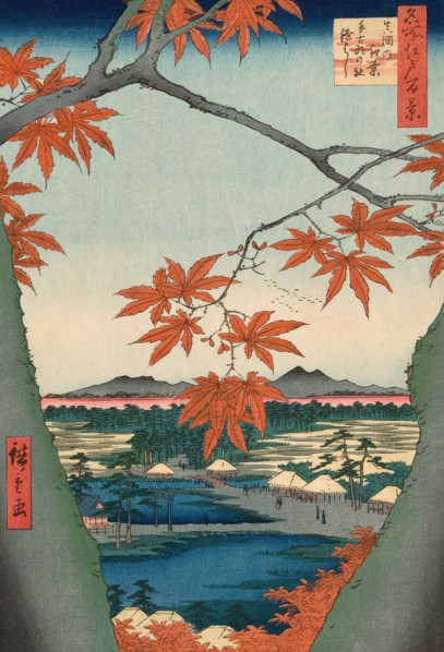 Maple Trees at Mama, Tekona Shrine and Tsugi Bridge (Mama no momiji, Tekona no yashiro, Ts..., 1857. Creator: Ando Hiroshige.