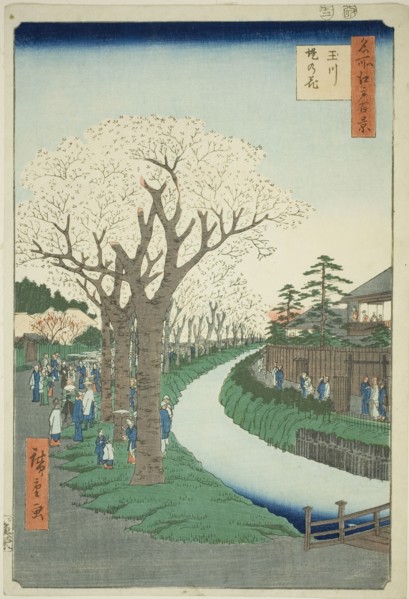 Blossoms on the Tama River Embankment (Tamagawa-zutsumi no hana), from the series..., 1856. Creator: Ando Hiroshige.