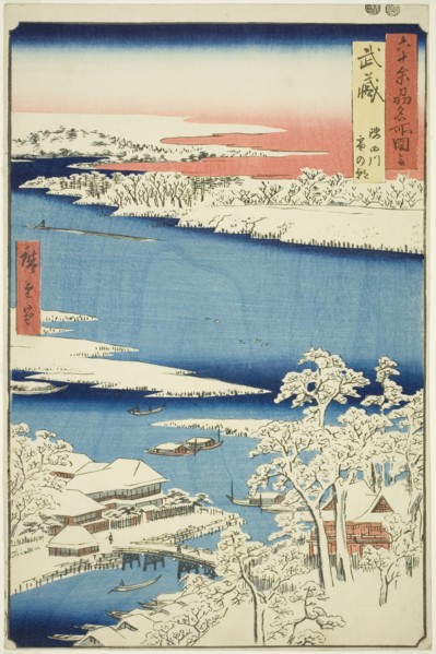 Musashi Province: Morning after Snow on the Sumida River (Musashi, Sumidagawa yuki no ashi..., 1853. Creator: Ando Hiroshige.
