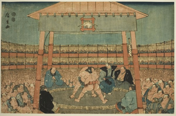 Sumo Match in the Precints of the Ekoin Temple (Ekoin keidai sumo no zu), from the..., c. 1847/52. Creator: Ando Hiroshige.