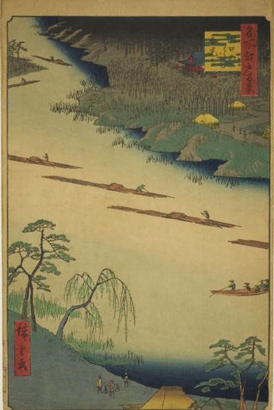 Zenkoji Temple and the Ferry at Kawaguchi (Kawaguchi no watashi Zenkoji), from the series ..., 1857. Creator: Ando Hiroshige.