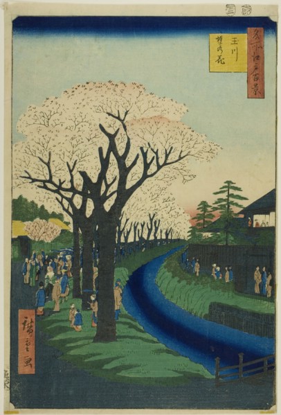 Blossoms on the Tama River Embankment (Tamagawa-zutsumi no hana), from the series..., 1856. Creator: Ando Hiroshige.