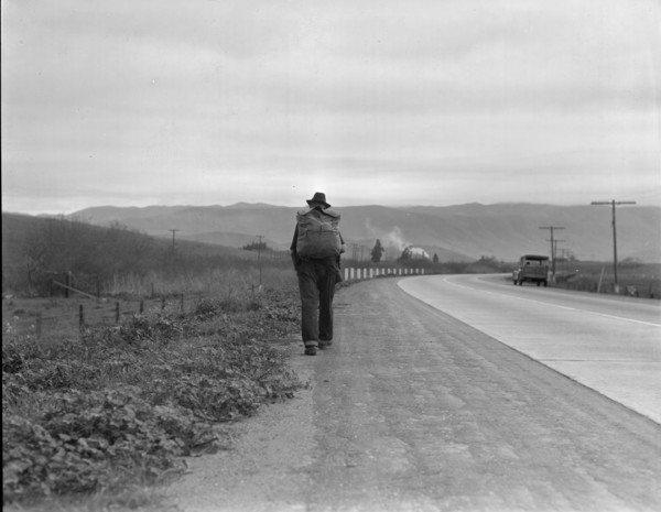 Bum blockade, all heading north, South of King City, California, 1936. Creator: Dorothea Lange.