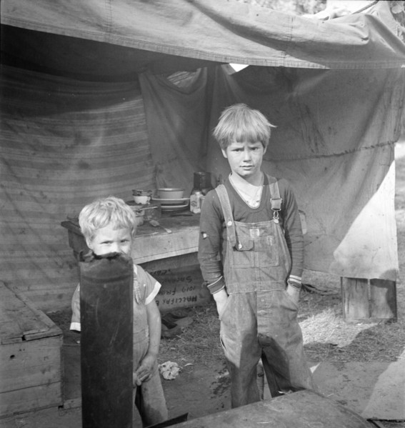 Children of destitute family, American River camp, near Sacramento, California, 1936. Creator: Dorothea Lange.