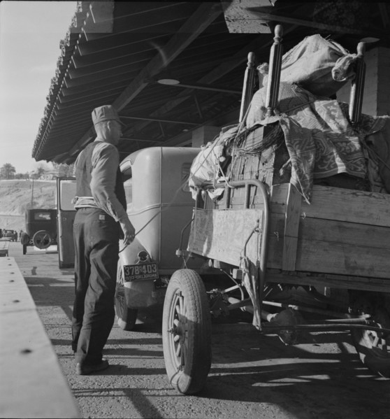 Drought refugees are stopped at the inspection station in Yuma, Arizona, 1937. Creator: Dorothea Lange.