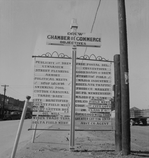 Chamber of Commerce sign, Drew, Mississippi, 1937. Creator: Dorothea Lange.