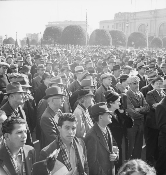 Listening to speeches at mass meeting of WPA workers..., San Francisco, California, 1939. Creator: Dorothea Lange.