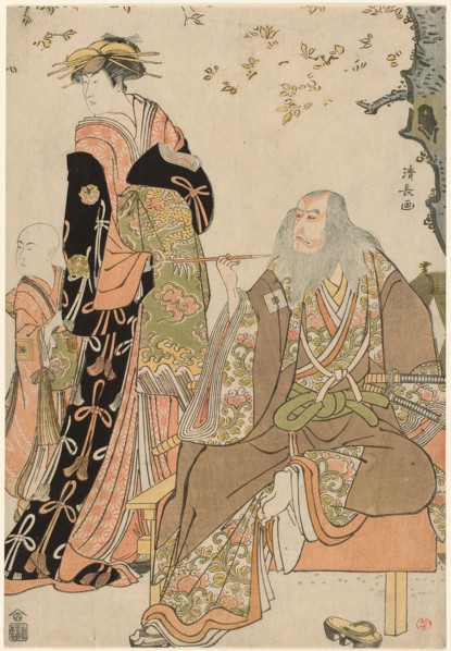 The Actors Ichikawa Danjuro V as Hige no Ikyu, Nakamura Riko as Agemaki, and Ichikawa Ebiz..., 1784. Creator: Torii Kiyonaga.