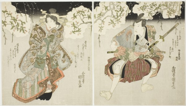 The actors Onoe Kikugoro III (R) as Nagoya Sanza and Iwai Kumesaburo II (L) as the courtes..., 1827. Creator: Utagawa Kunisada.