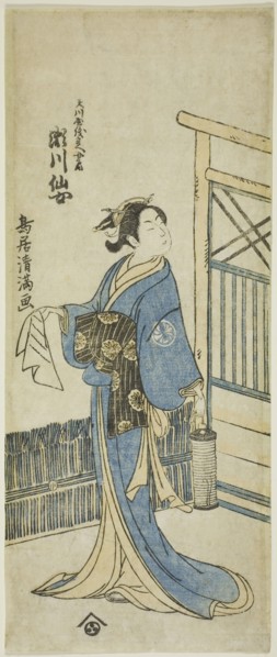 The Actor Segawa Senjo (Kikunojo III) as the wife of Amakawaya Gihei in the play "Kanadeho..., 1776. Creator: Torii Kiyomitsu.