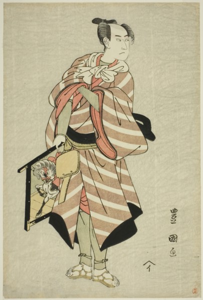 The actor Sawamura Sojuro III as the packhorse-man Muchizo in the play "Miyamairi Musub..., c. 1797. Creator: Utagawa Toyokuni I.