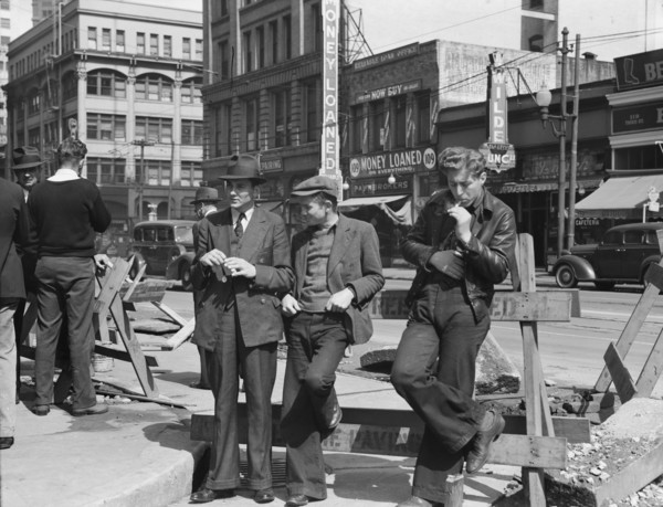 Unemployed young men pause a moment..., Salvation Army, San Francisco, California, 1939. Creator: Dorothea Lange.