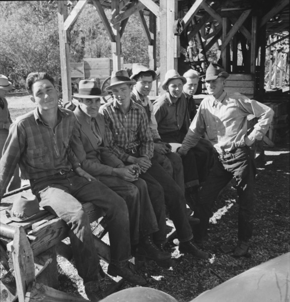 Men working in mill, Ola self-help sawmill co-op, Gem County, Idaho, 1939. Creator: Dorothea Lange.