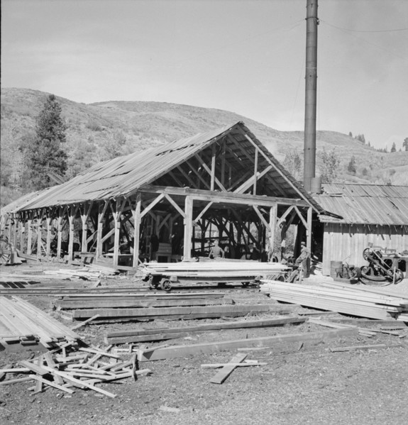 Possibly: The sawmill in operation, Ola self-help sawmill co-op, Gem County, Idaho, 1939. Creator: Dorothea Lange.