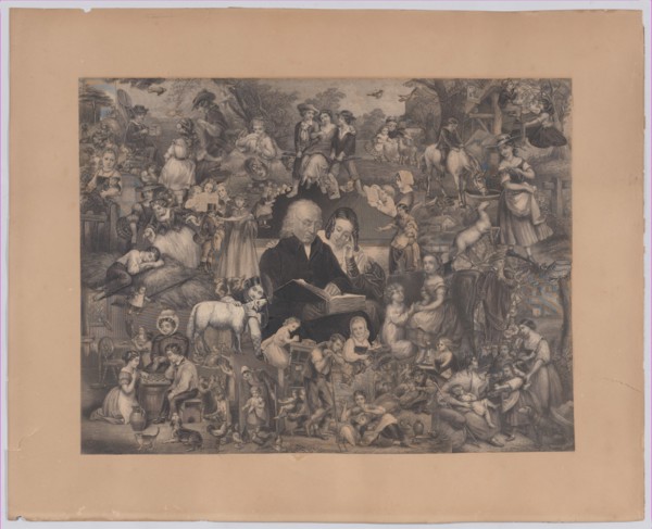 Collage of printed elements centered on a Man and Young Woman Reading, 1851-1866. Creator: Illman Brothers.