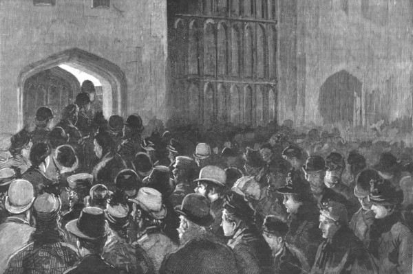 ''Distributing the Queen's New Year Gifts at Windsor; The crowd outside the Riding School...', 1890. Creator: Unknown.